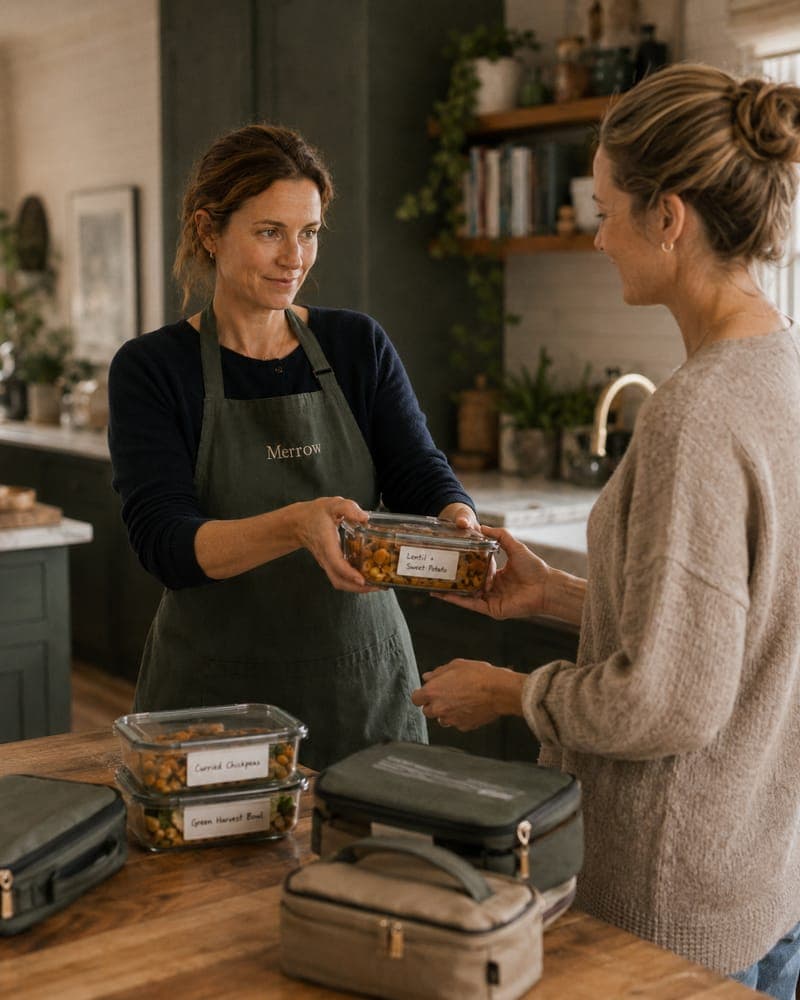 Cook handing off food to a parent