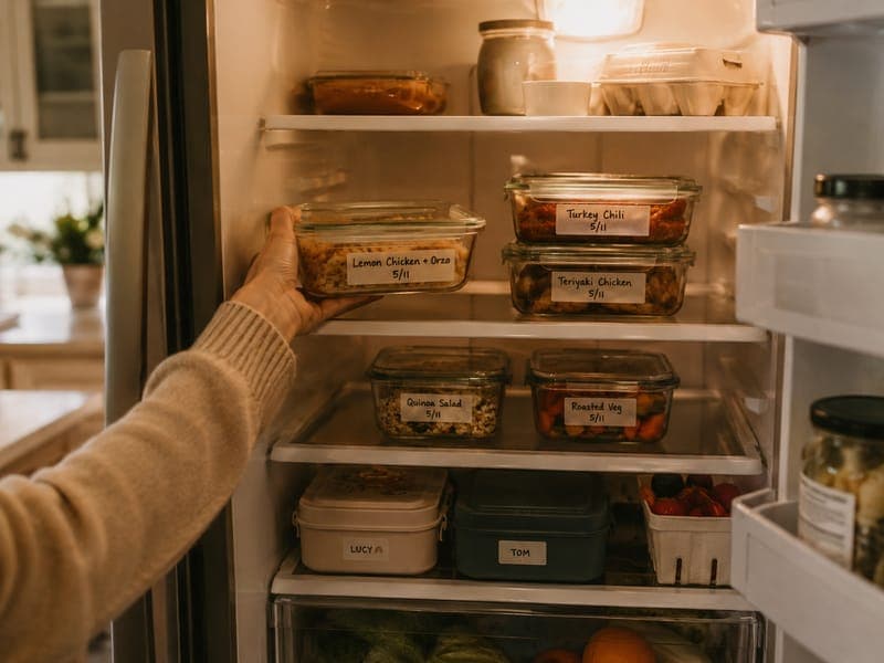 Labeled containers filling a fridge